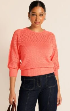 3/4 SLEEVE RIPPLE KNIT TOP IN CORAL