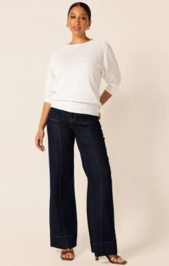 3/4 SLEEVE RIPPLE KNIT TOP IN IVORY -Clothing Discounts Shop 3 4 sleeve ripple knit top in ivory tops 1166315860