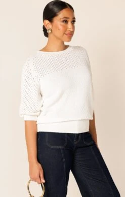 3/4 SLEEVE RIPPLE KNIT TOP IN IVORY -Clothing Discounts Shop 3 4 sleeve ripple knit top in ivory tops 1166315861