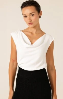 COWL BIAS TOP IN WHITE -Clothing Discounts Shop COWLPEPLUMTOPINWHITEWITHCHEVRONKNITFLAREDSKIRTINBLACK 33 MIASKW25