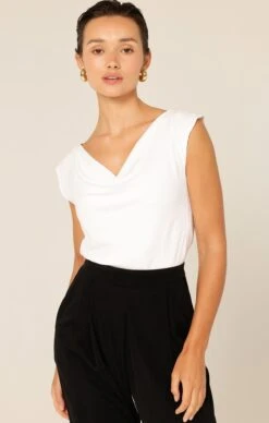 COWL BIAS TOP IN WHITE -Clothing Discounts Shop COWLPEPLUMTOPINWHITEWITHJERSEYDRAPEPANTINBLACK 35 MIASKW25