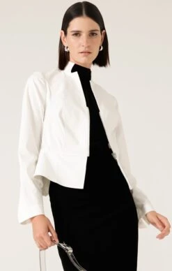 FRONT ZIP PEPLUM JACKET IN WHITE 15 FRONT ZIP PEPLUM JACKET IN WHITE -Clothing Discounts Shop FRONTZIPPEPLUMJACKETINWHITEWITHHIGHNECKTIETOPBLACKWITHPENCILSKIRTcrop MADIA25