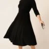 3/4 SLEEVE REVERSE WRAP MIDI DRESS IN BLACK