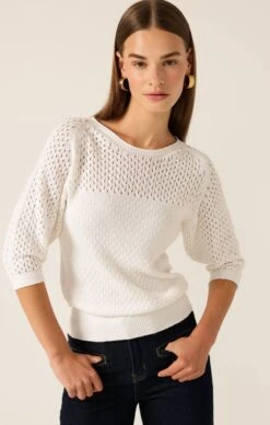 3/4 SLEEVE RIPPLE KNIT TOP IN IVORY