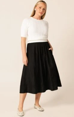 PLEATED A-LINE SKIRT 15 PLEATED A-LINE SKIRT -Clothing Discounts Shop LR A LINESKIRTINBLACKWITHSHORTSLEEVEKNITINIVORYCURVE29 BLC25