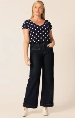 FREYA WIDE LEG JEAN IN INDIGO -Clothing Discounts Shop LR ANALIATOPINNAVYWHITESPOTWITHFREYAJEANINDIGOCURVE2 BLC25