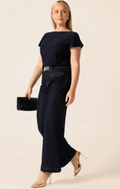 FREYA WIDE LEG JEAN IN INDIGO -Clothing Discounts Shop LR ANALIATOPINNAVYWITHFREYAJEANINDIGOANDDECORATIVECLASPBELTGOLDCURVE14 BLC25