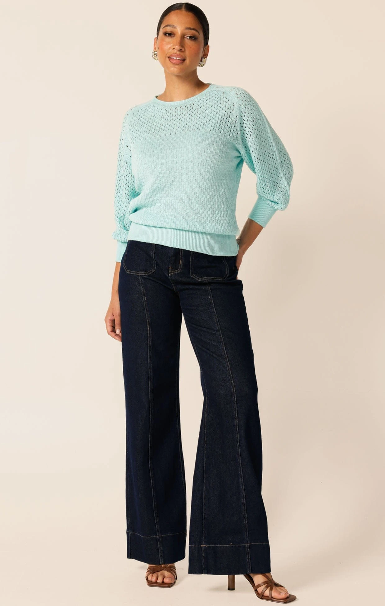 3/4 SLEEVE RIPPLE KNIT TOP IN AQUAMARINE 5 3/4 SLEEVE RIPPLE KNIT TOP IN AQUAMARINE - Image 3