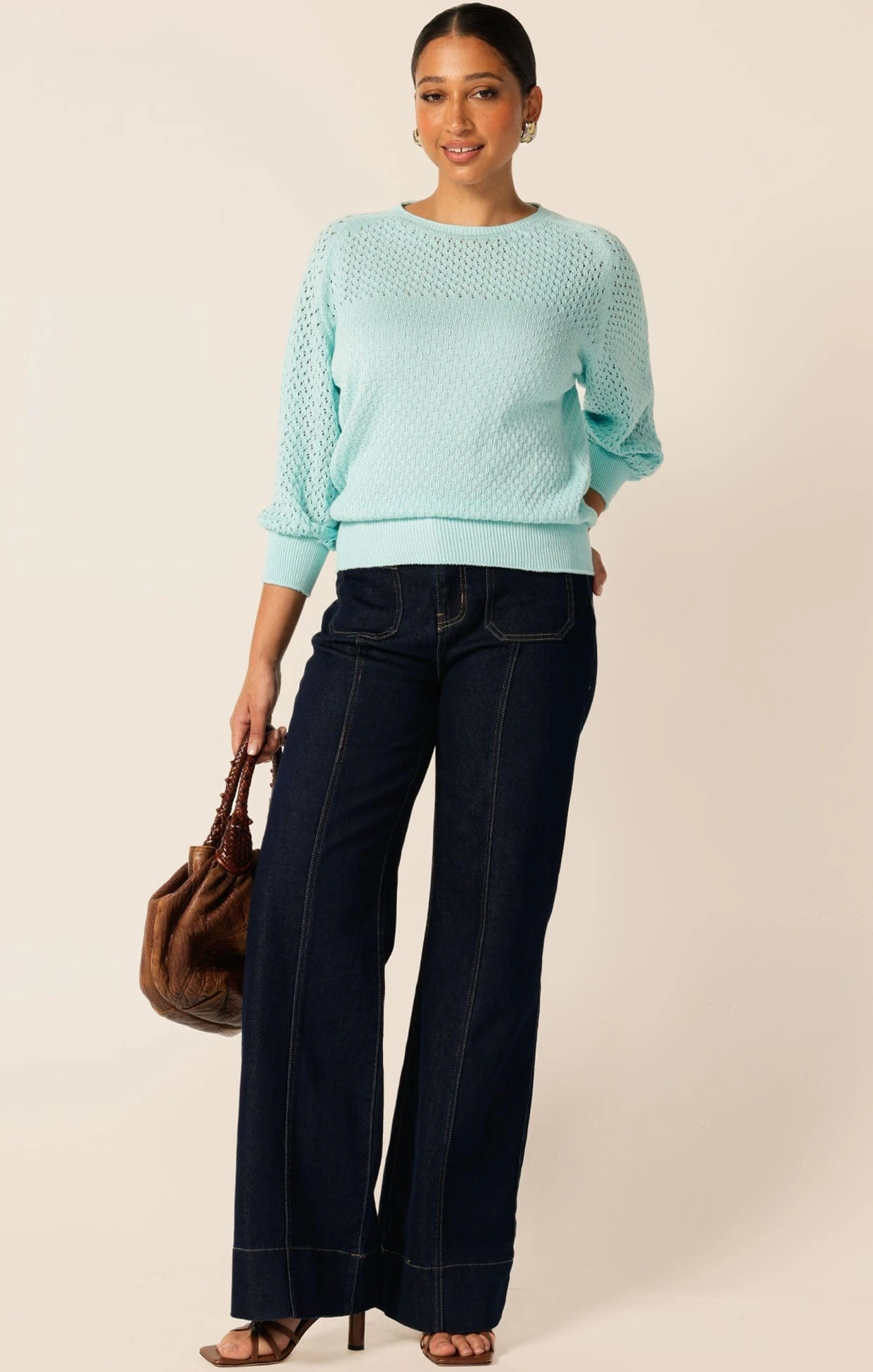 3/4 SLEEVE RIPPLE KNIT TOP IN AQUAMARINE 4 3/4 SLEEVE RIPPLE KNIT TOP IN AQUAMARINE - Image 2