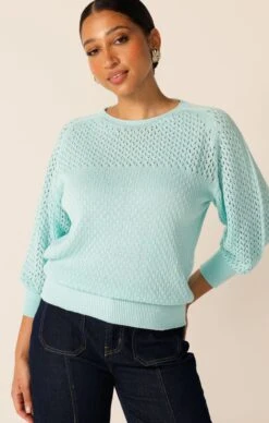 3/4 SLEEVE RIPPLE KNIT TOP IN AQUAMARINE