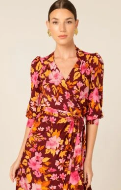 AUTUMN LEAF WRAP DRESS -Clothing Discounts Shop LR AUTUMNLEAFWRAPDRESSINRUBYPINKORANGE29 BELMAA25