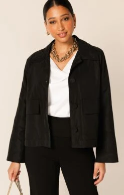 BUTTON UP CROPPED JACKET -Clothing Discounts Shop LR BUTTONUPCROPJACKETINBLACKWITHCOWLBIASTOPINSNOWWITHTAPEREDLEGPANTINBLACKCURVE13 TERRILC25