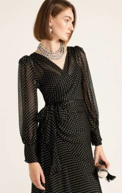 CALAIS WRAP DRESS -Clothing Discounts Shop LR CALAISWRAPBOWDRESSINBLACKCREAMSPOT113 LILYWSK25