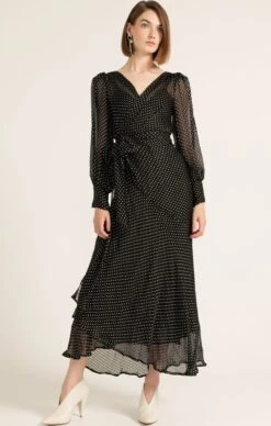 CALAIS WRAP DRESS -Clothing Discounts Shop LR CALAISWRAPBOWDRESSINBLACKCREAMSPOT23 LILYWSK25