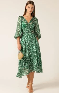 CLOUDLAND WRAP DRESS GREEN WHITE SPOT
