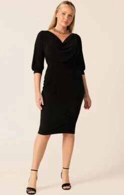COWL TIE DRAPE DRESS IN BLACK