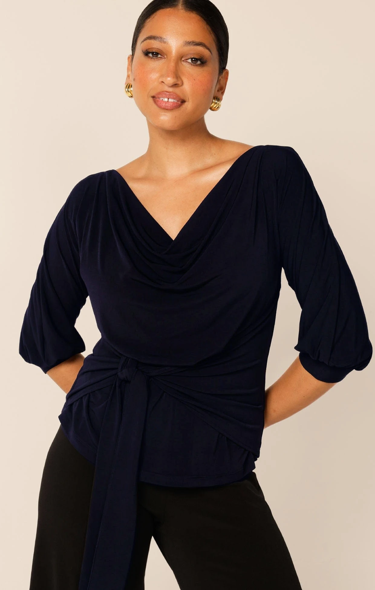 COWL TIE DRAPE TOP IN NAVY 4 COWL TIE DRAPE TOP IN NAVY - Image 2