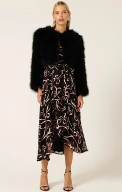 FLORENCE WRAP MIDI 10 FLORENCE WRAP MIDI -Clothing Discounts Shop LR FLORENCEBOWWRAPDRESSINPINKBLACKBOWWITHLUXEFEATHERJACKETINBLACK2 KAROLINAWCK25