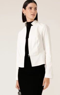 FRONT ZIP PEPLUM JACKET IN WHITE