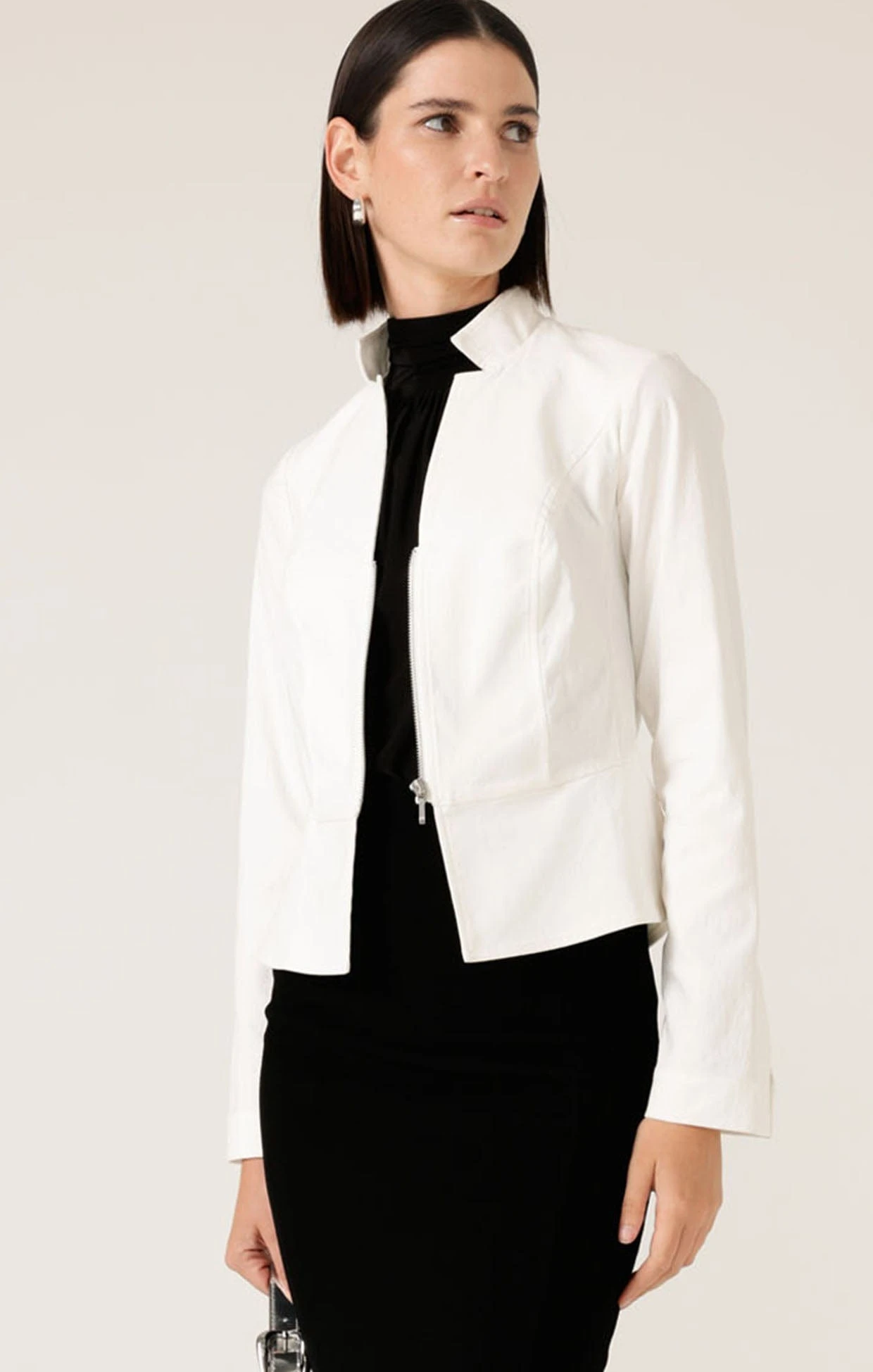 FRONT ZIP PEPLUM JACKET IN WHITE 3 FRONT ZIP PEPLUM JACKET IN WHITE