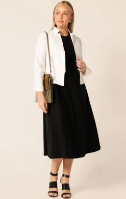 FRONT ZIP PEPLUM JACKET IN WHITE 12 FRONT ZIP PEPLUM JACKET IN WHITE -Clothing Discounts Shop LR FRONTZIPPEPLUMJACKETINWHITEWITHZIPFRONTFIT FLAREDRESSBLACKCURVE7 BLC25