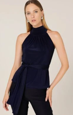 HIGH NECK TIE TOP IN NAVY
