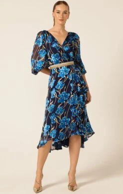 LINNEE WRAP MIDI DRESS 12 LINNEE WRAP MIDI DRESS -Clothing Discounts Shop LR LINNEEWRAPDRESSINBLUEGOLDFLORAL22 HAYSS25