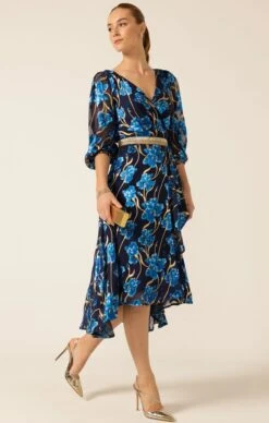 LINNEE WRAP MIDI DRESS 13 LINNEE WRAP MIDI DRESS -Clothing Discounts Shop LR LINNEEWRAPDRESSINBLUEGOLDFLORAL61 HAYSS25