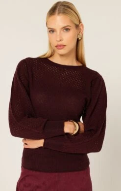 LONG SLEEVE RIPPLE KNIT TOP IN BLACK CHERRY -Clothing Discounts Shop LR LONGSLEEVERIPPLEKNITTOPINBLACKCHERRYWITHSUEDEALINESKIRTINPLUM50 KAROLINAWCK25