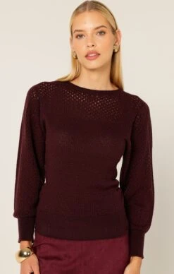LONG SLEEVE RIPPLE KNIT TOP IN BLACK CHERRY