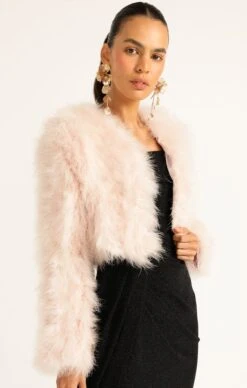LUXE FEATHER JACKET IN BABY PINK -Clothing Discounts Shop LR LUXEFEATHERJACKETINBLUSHWITHMERLEDRESSINBLACK22 NINAS25