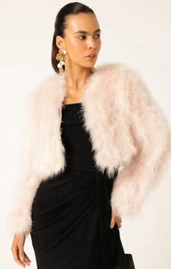 LUXE FEATHER JACKET IN BABY PINK -Clothing Discounts Shop LR LUXEFEATHERJACKETINBLUSHWITHMERLEDRESSINBLACK30 NINAS25
