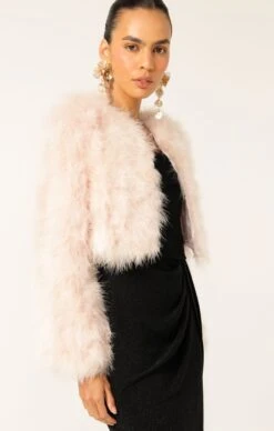 LUXE FEATHER JACKET IN BABY PINK