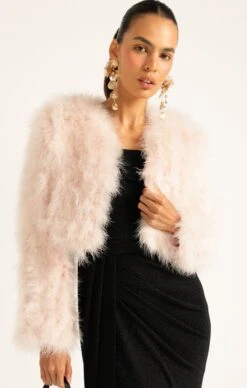 LUXE FEATHER JACKET IN BABY PINK -Clothing Discounts Shop LR LUXEFEATHERJACKETINBLUSHWITHMERLEDRESSINBLACK38 NINAS25