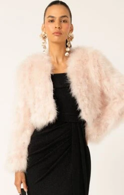 LUXE FEATHER JACKET IN BABY PINK -Clothing Discounts Shop LR LUXEFEATHERJACKETINBLUSHWITHMERLEDRESSINBLACK7copy NINAS25
