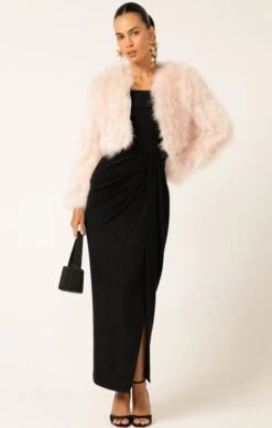LUXE FEATHER JACKET IN BABY PINK -Clothing Discounts Shop LR LUXEFEATHERJACKETINBLUSHWITHMERLEDRESSINBLACK8 NINAS25