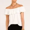 OFF SHOULDER FRILL TOP IN IVORY -Clothing Discounts Shop LR OFFSHOULDERFRILLTOPIVORYWITHSEAMLESSPANTSINBLACK2 NINAS25