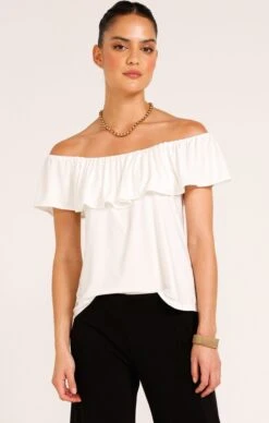 OFF SHOULDER FRILL TOP IN IVORY