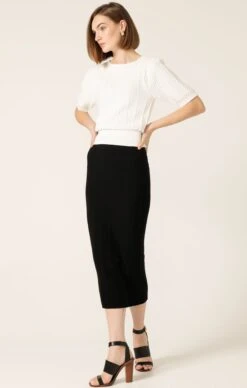 SHORT SLEEVE CHEVRON KNIT TOP IN IVORY -Clothing Discounts Shop LR PUFFSLEEVECHEVRONKNITTOPINIVORYWITHKNITPENCILSKIRTINBLACK20 LILYWSK25