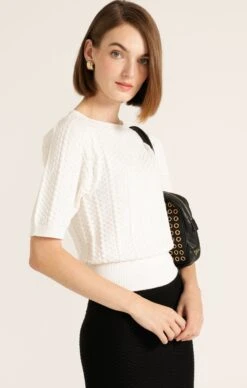 SHORT SLEEVE CHEVRON KNIT TOP IN IVORY