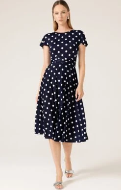REVERSE WRAP MIDI DRESS IN NAVY WHITE SPOT