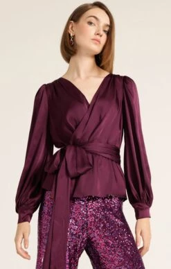 SATIN FAUX WRAP TOP IN CHERRY