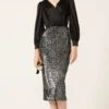 SEQUIN PENCIL SKIRT IN BLACK SILVER -Clothing Discounts Shop LR SATINFAUXWRAPTOPINBLACKWITHSEQUINPENCILSKIRTINBLACKSILVERSEQUIN64 LILYWSK25