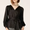 SATIN FAUX WRAP TOP IN BLACK -Clothing Discounts Shop LR SATINFAUXWRAPTOPINBLACKWITHSEQUINPENCILSKIRTINBLACKSILVERSEQUIN6CROP LILYWSK25