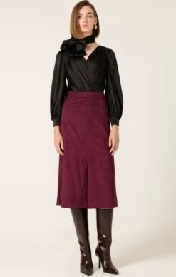 SUEDE A-LINE MIDI SKIRT 14 SUEDE A-LINE MIDI SKIRT -Clothing Discounts Shop LR SATINFAUXWRAPTOPINBLACKWITHSUEDEALINESKIRTINPLUM23 LILYWSK25