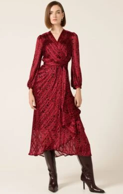 SAVOIR MIDI WRAP DRESS IN RED BLACK