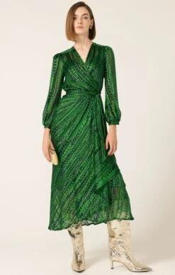 SAVOIR MIDI WRAP DRESS IN NAVY GREEN