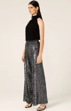 SEQUIN PALAZZO PANT IN BLACK SILVER -Clothing Discounts Shop LR SEQUINPALAZZOPANTINBLACKSILVERSEQUINWITHHIGHNECKTIETOPINBLACK18