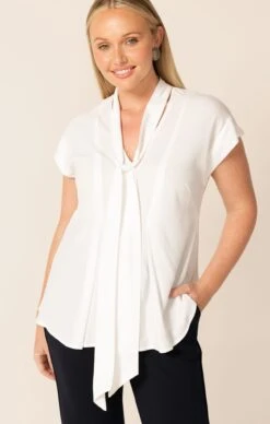TIE FRONT BLOUSE -Clothing Discounts Shop LR TIEFRONTBLOUSEINIVORYWITHCLASSICTROUSERNAVYCURVE23 BLC25