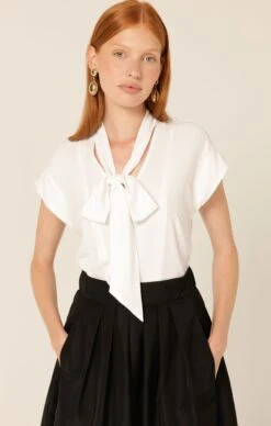 TIE FRONT BLOUSE -Clothing Discounts Shop LR TIEFRONTBLOUSEINWHITEWITHPLEATEDSKIRTINBLACK37 JULIASKC25